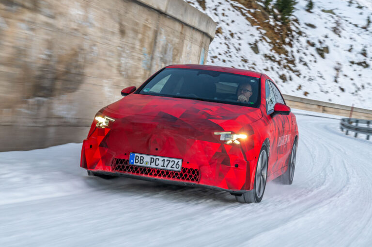 mercedes benz cla prototype on snowy road front cornering